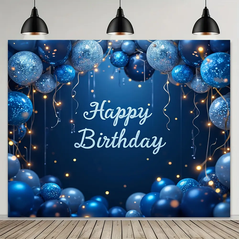 1pc Polyester Happy Birthday Banner Backdrop - 2D Blue Silvery Party Decoration, Photography Prop for Indoors, Outdoors, Entryway | Textile Party Decor