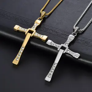 Titanium Steel Inlaid Diamond Cross Pendant Men's Fashion Fast and Furious 8 Couple Sports Style Necklace