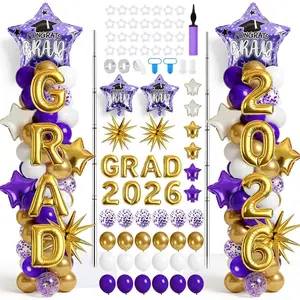 2 Set Graduation Balloon Column Stand Kit Purple White Gold Congrats Grad 2026 Party Decor