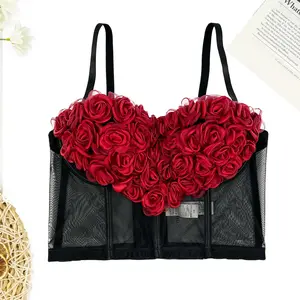Tank Tops Short Vest Sexy inner Clothes Hand-Stitched Flowers Mesh Yarn Semi-Sheer Fish Bone Corset Summer Spring rave outfits Woman Bra Blusas Clothing Sling Wedding Party Blind Date Stage Party Shaper Ladies Hot Sexy Crop Shirt Tube Tops