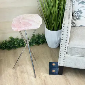 Natural Rose Quartz Side Table on Chrome Metal Base, 24.7" Tall #1341RQ-006