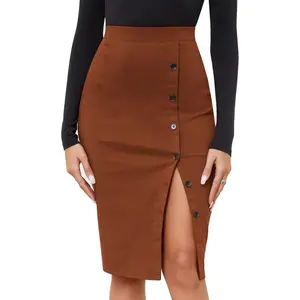 Women's 2025 High Waist Pencil Skirt Button Slit Work Skirts Plaid Business Bodycon Midi Skirt Knee Length