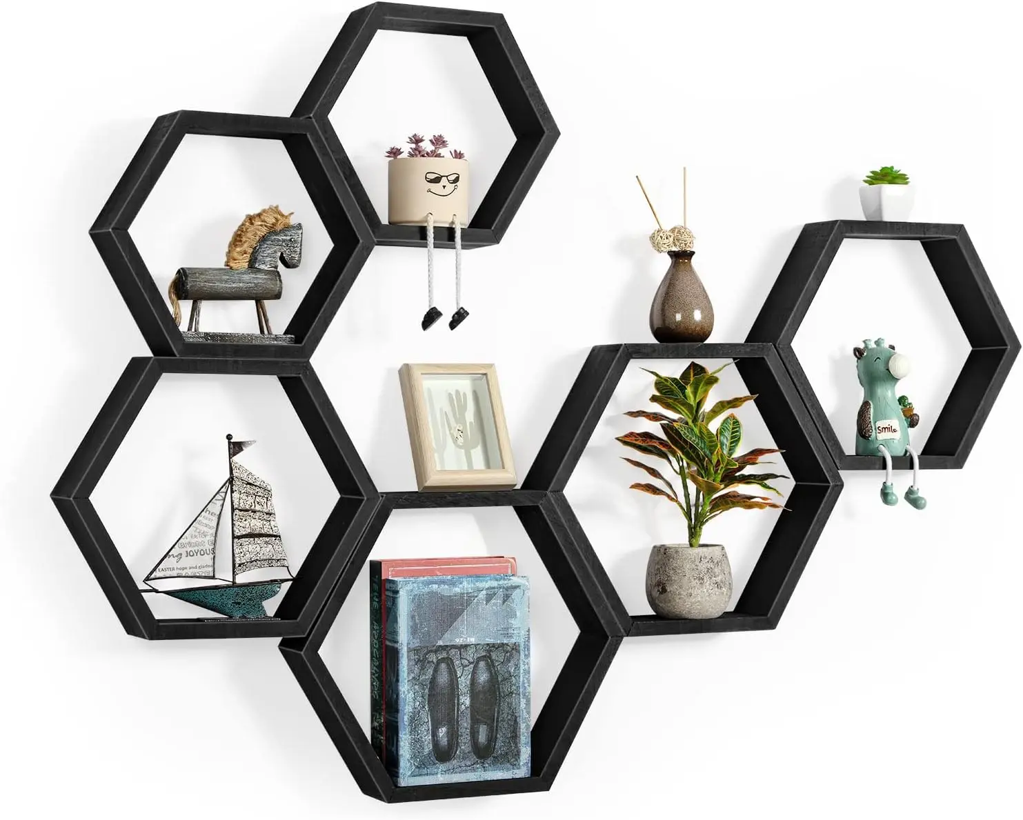 Black Wood Hexagon Floating Shelves Set of 6, Farmhouse Honeycomb Wall-Mounted Storage Shelves, Home Decor for Living Room, Bedroom