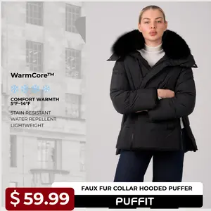 PUFFIT WarmCore Premium Removable Faux Fur Collar Puffer With Detached Hood,Removable Faux Fur Collar,Side Zipper Design,Windproof Sleeves,High-Density, High-Twist Fabric,Detachable Hood, Elegant And Appearance