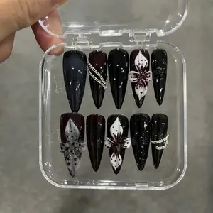 Gothic Burgundy Stiletto Nails, Black Red 3D Flower, Dark Press On Set