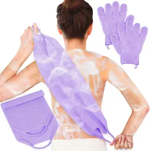 Exfoliating Back Scrubber Bath Gloves Set, Exfoliating Shower Towel with Shower Gloves for Body Scrub, Back Cleaner Wash Gloves to Remove Dead Skin (Purple)