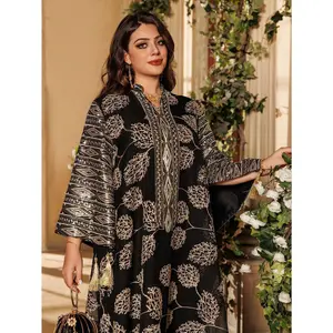 Muslim Women's Black Islamic Embroidered Abaya with Gold Detailing Ideal for Formal Occasions in Middle East like UAE and Saudi