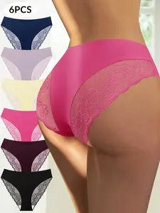 6/12 Pack Lace Cut Out Sexy Panty,Fashion Comfy Everyday Knickers,No Show Breathable Panties Full Coverage Invisible Brief Hot Underwear For Woman