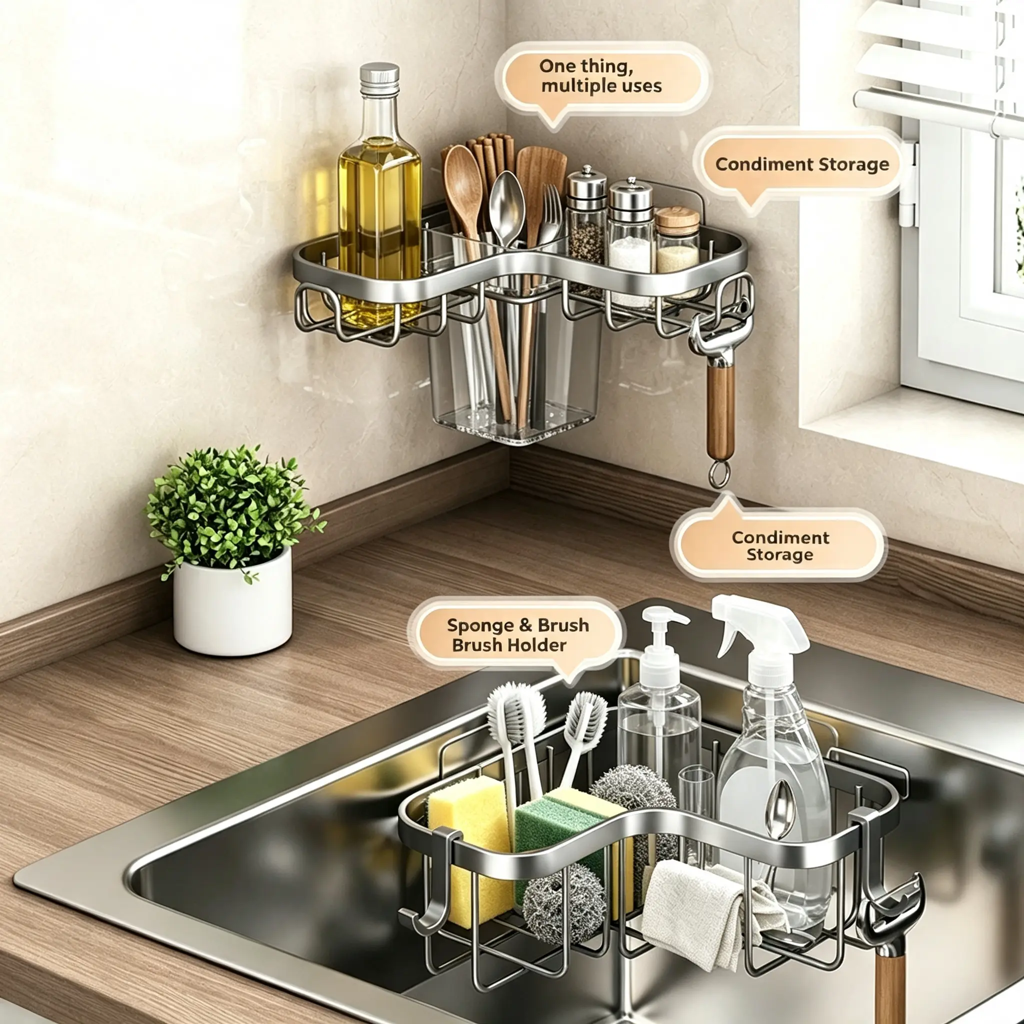 Hollow Steel Over-Faucet Kitchen Storage Rack - Multifunctional Hanging Organiser for Sponge, Rag, Dishcloth, Chopsticks, Small Kitchen Gadgets