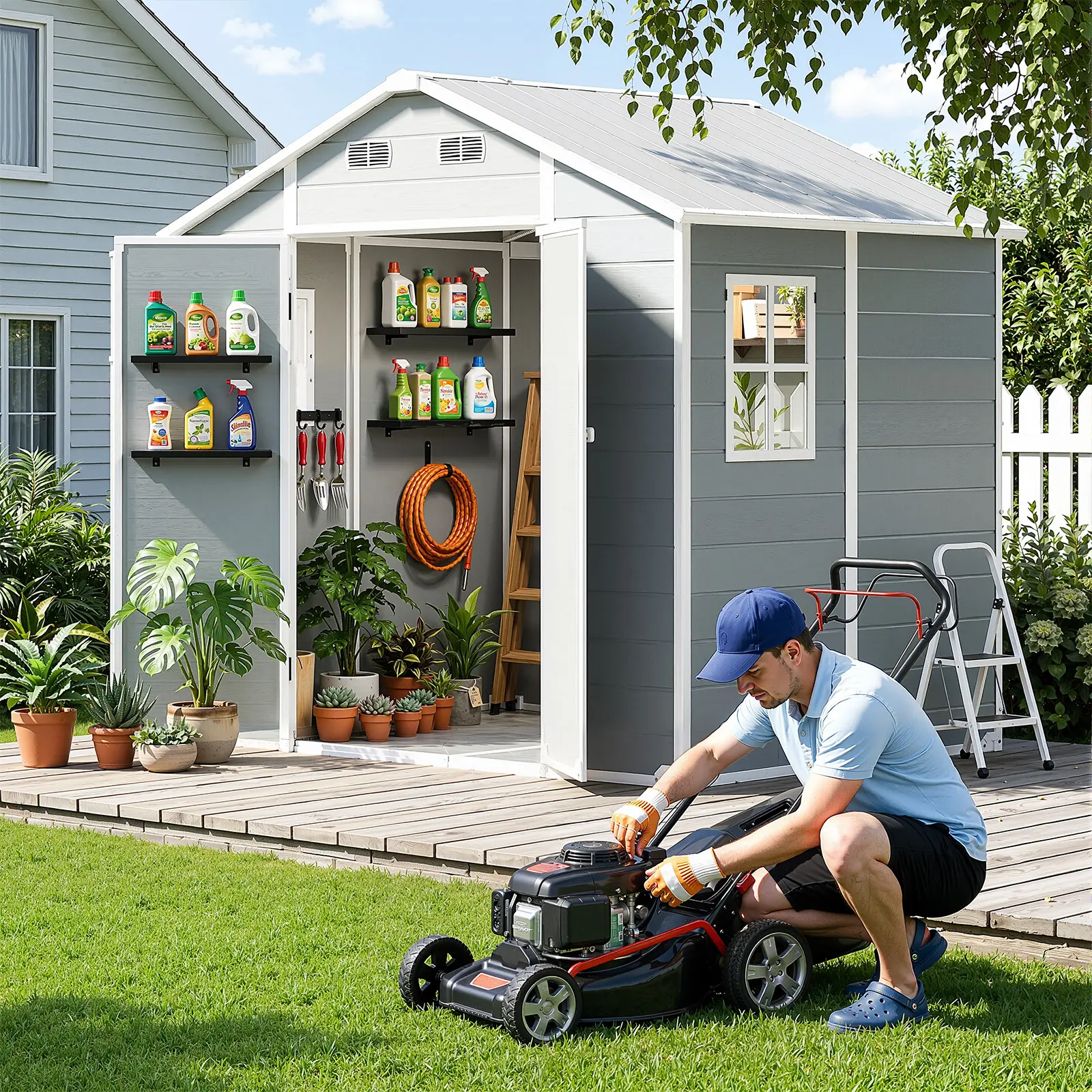 Belord 8x6/8x10 FT Resin Outdoor Storage Shed - Sloped Roof for Fast Water Runoff, Lockable Doors, Waterproof, Sturdy, Ventilation, Windows, Heavy Duty Floor, Kick-In Assembly Required, for Backyard, Patio, Grey & White (Stores Garden Tools)