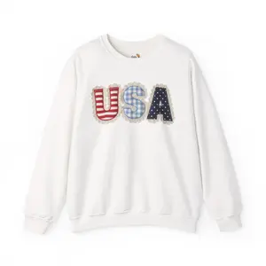 Feux Laced USA Patchwork Sweatshirt • Preppy Patriotic Crewneck • Coquette Americana Sweatshirt • Red White Blue Mama Style