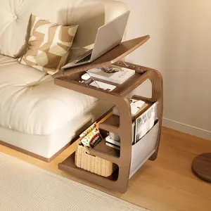 Solid Wood Side Table for Couch, Side Table with Wheels, Small 4-Tier End Tables with Storage Bag, Mobile Couch Table Adjustable Desktop for Living Room, Soft, Bedroom, Solid Wood