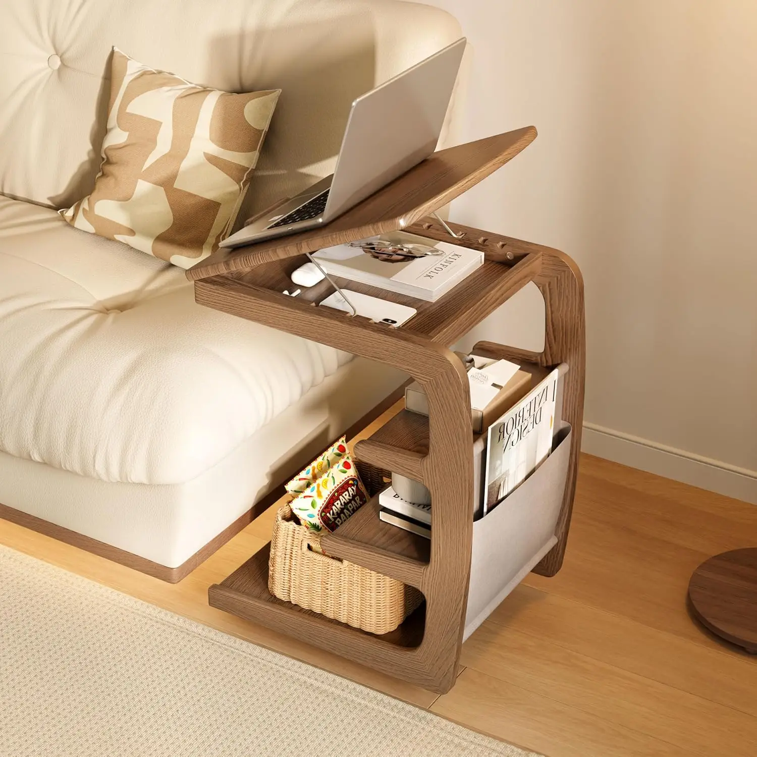 Solid Wood Side Table for Couch, Side Table with Wheels, Small 4-Tier End Tables with Storage Bag, Mobile Couch Table Adjustable Desktop for Living Ro