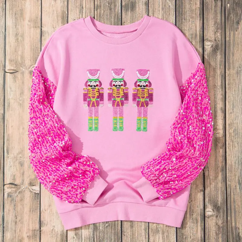 Women's Christmas Sweatshirt with Sequin Nutcracker Graphic, Casual Comfortable Round Neck Long Sleeve Pullover Tops, Lady, Longsleeves