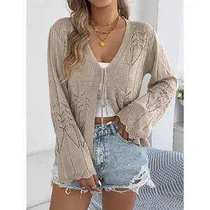 Women's Plain Hollow Out Cardigan, Casual Long Sleeve Crochet Cardigan for Spring & Summer, Women's Knit Clothing for Daily Wear, Tops