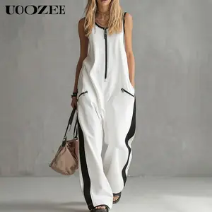 UOOZEE Women's Light Chic Polyester Sleeveless Contrast-Trim Zip-Front Jumpsuit with Pockets, High-Waist Wide-Leg Tall-Length Outfit for Sporty Vacations (Size Up for Full Bust, Includes Bag)