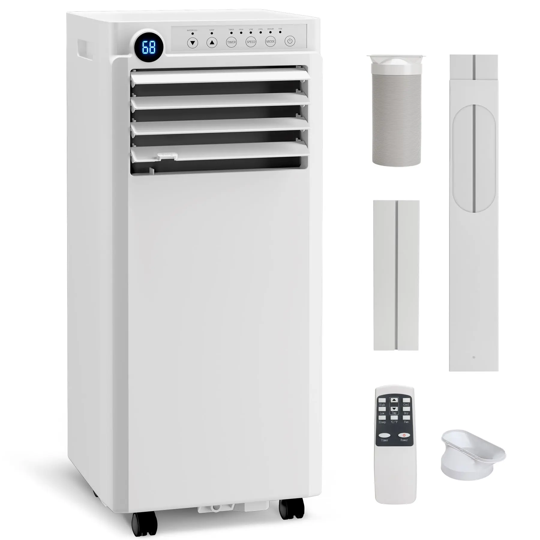 8000/10000 BTU 3-in-1 Portable AC Unit, Quiet Cooling Dehumidifier Fan Combo for 560 Sq.Ft Space, Built-in LED Display, Remote, 24H Timer, Rolling Casters & Window Kit Included.
