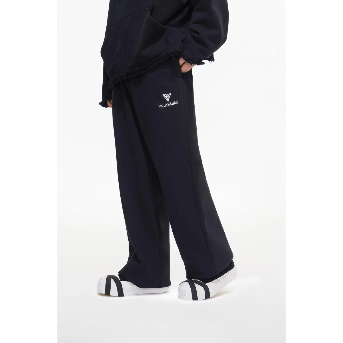 Women's Relaxed Fit Baggy 700GSM French Terry Sweatpants - Washed Black, Raw Distressed Trim, Soft, Elastic Waist, Loose Drape, Everyday Streetwear Bottom