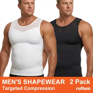 【2pcs】Men Compression Shapewear Tank Top Seamless Undershirts Bionic Targeted Tummy Support Eliminate Man Boobs X-Shape Back Stretch Posture Correction Breathable Mesh Fabric Basic Menswear for Special Events Business Dating Sports Gym, Holiday Gift