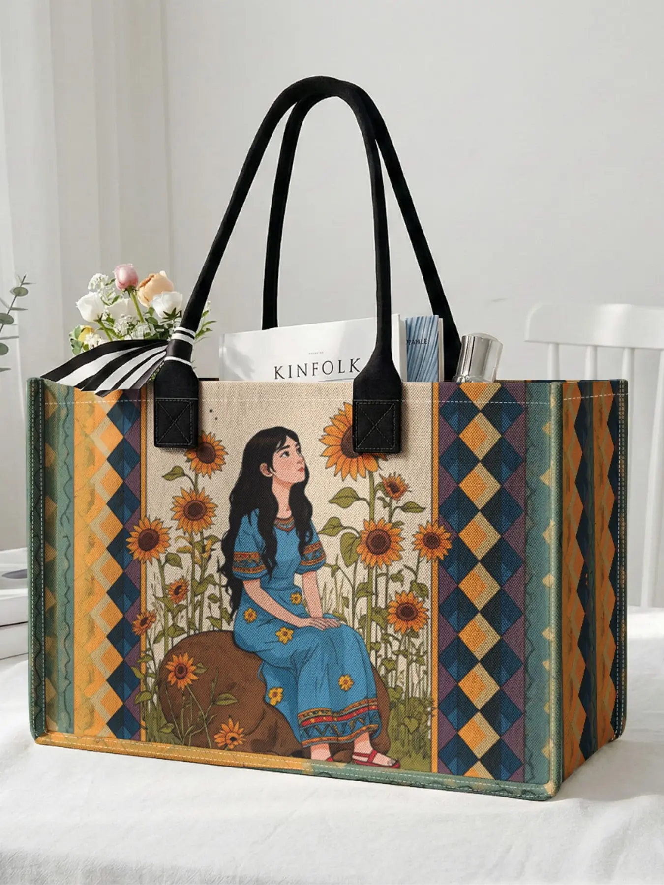 1 piece of girl and sunflower pattern 2D printed large capacity storage bag, extra large storage bag, sturdy handle, space-saving multi-purpose, suitable for going to school, traveling, shopping, Fashionable Shopping Bag, Summer Bags