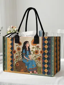 1 piece of girl and sunflower pattern 2D printed large capacity storage bag, extra large storage bag, sturdy handle, space-saving multi-purpose, suitable for going to school, traveling, shopping, Fashionable Shopping Bag, Summer Bags