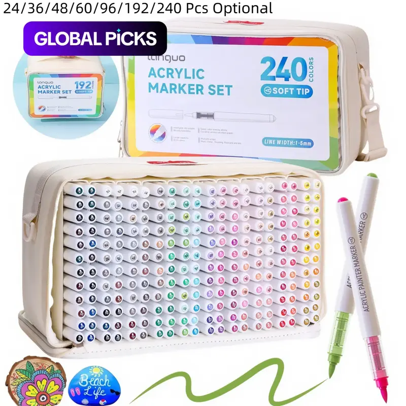 Acrylic Paint Marker Set, 24pcs/set Acrylic Drawing Markers with Storage Base, Coloring Markers, Artist Tools, Art Supplies for Rock, Ceramic, Wood and Fabric #GLOBAL PICKS