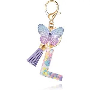 Initial letter Keychain for Women Girls Tassel Butterfly Pink Purple Cute Car Keychain for Wallet Backpack Bag Charm