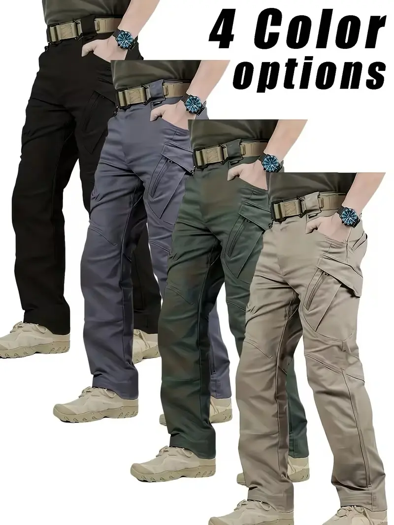 Men’s tactical pants, slightly stretchy waterproof fabric, single pack, durable hard shell construction, wear-resistant cargo pants, plaid fabric, suitable for hiking, casual wear, and work, multi-pocket design (belt not included).