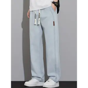 Men's Vintage Loose Fit Straight Leg Denim Jeans - Light Blue Non-Stretch Machine Washable Wide Leg Design, Summer Casual Comfort for Casual Attire, Wide Leg Jeans, Durable Fabric