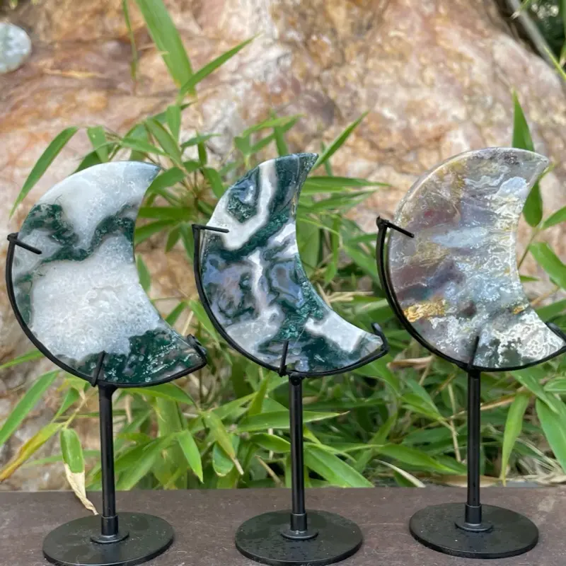 Moss agate Moon with Stand
