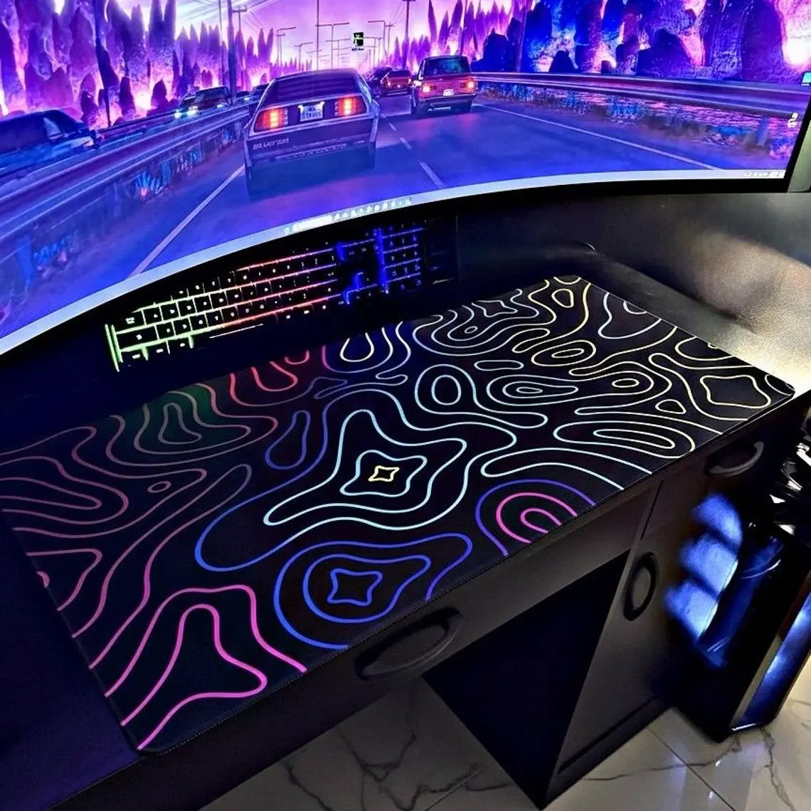 Neon Topographic Desk Mat, XXL Gaming Mouse Pad, RGB Desk Setup, Smooth Glide