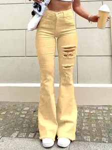 Women's Colorful Elastic Flared Denim Pants With High Waist And Hip Lifting, Slimming And Perforated Design, Fashionable Flared Pants, Young And Elegant Pants(The Size Is Slightly Small; It Is Recommended To Order One Size Up.)