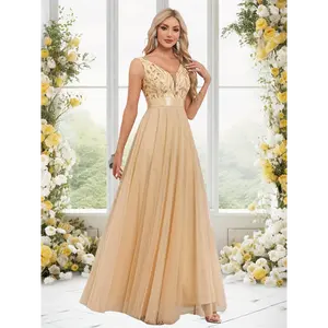 New Style Women's Wedding Dress Deep V-neck Elastic Waist Sleeveless Double V-neck Evening Dress Tulle Embroidery Long Elegant A-line Swing, Suitable for Wedding, Banquet, Party, Prom