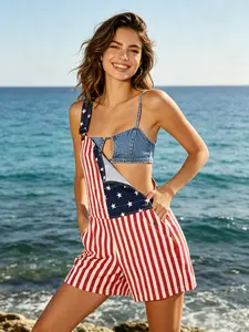 Women 250th Anniversary Shorts 4th of July American Flag Overalls USA Stretchy Denim Romper Memorial Day Coveralls Patriotic Gifts for Mom Workwear Summer Jumpsuits Fashion Womenswear Daily Outdoor Outfits