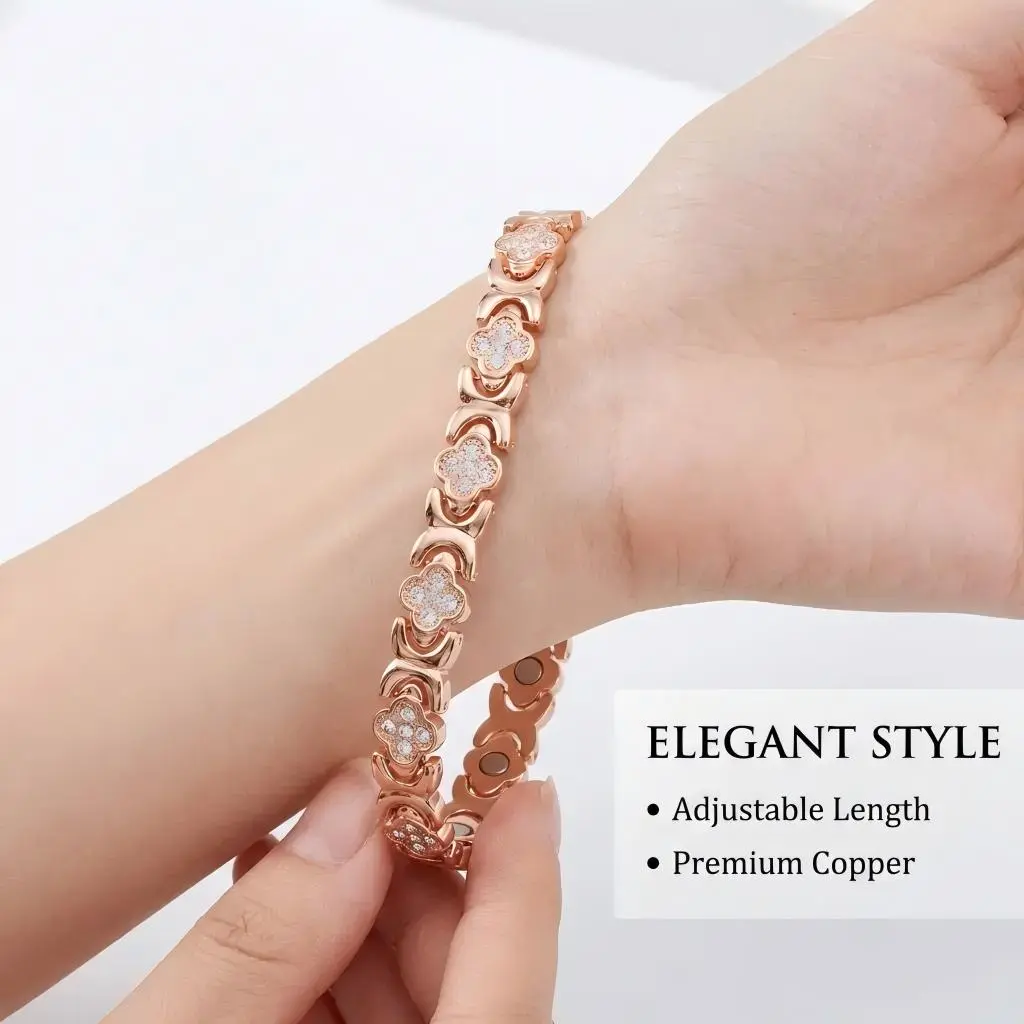 Women's Alloy 4-Leaf Clover Magnetic Bracelet - Rose Gold Plated, 22 cm Length Adjustable Bangle with 3500 Gauss Magnets, Folding Clasp, Casual Costume Jewelry with Dimensions, Complimentary Link Remover Included
