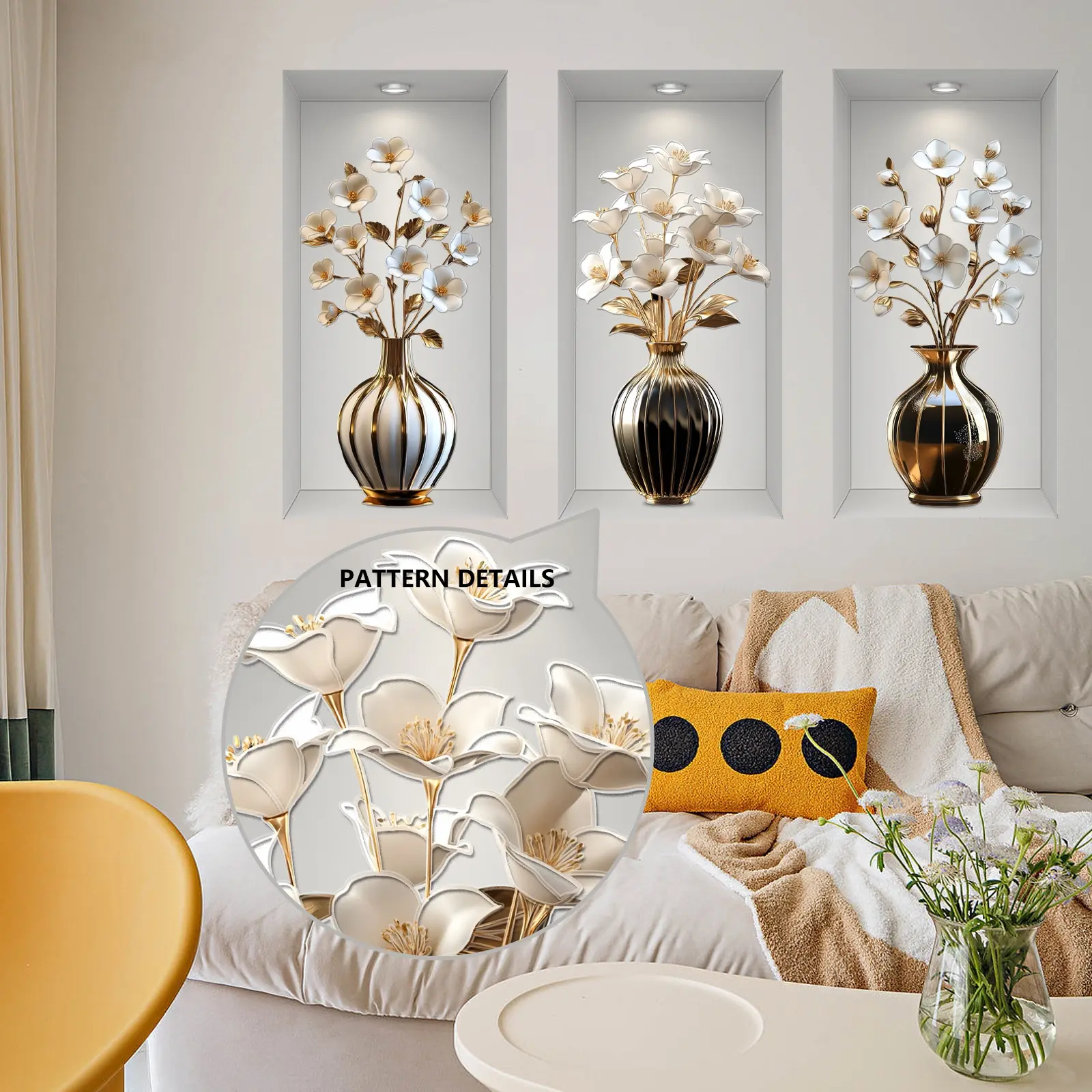 A set (30*60cm*3pcs) of 2D flat simulated vase flower Flower Design triptych white film varnish new craft Wall Decal wall stickers for living room, study room, home decoration background art, Decorative Stickers, Wall Decorations, BG11002-ZY