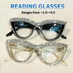 2pcs Cat Eye Rhinestone Reading Glasses for Women, Elegant Anti-Blue Light Readers +1.0 to +4.0, Stylish Full-Frame Design with Sparkling Crystals, Black & Translucent Frames, Antiblue Light Protection| Decorative Eyewear| Polycarbonate Lenses-