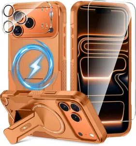 3 in 1 for iPhone 17 Pro Case [Compatible with MagSafe] [Invisible Kickstand] [HD Screen Protector] [Camera Lens Protector], Protective Magnetic Phone Cover for iPhone 17 Pro (Orange)