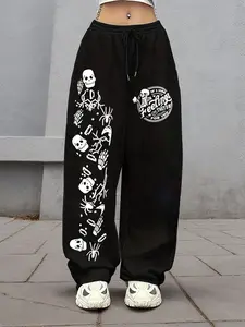 Halloween Women's Casual Loose-Fit Skeleton Letter Print Pants, All-Season Straight-Leg Wide Leg Trousers, Home & Outdoor Wear