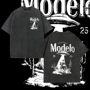 Vintage Washed Cement Gray Crew Neck Short Sleeve for Men, Niche Western & UFO Print Daily Commute Loose Versatile T-Shirt