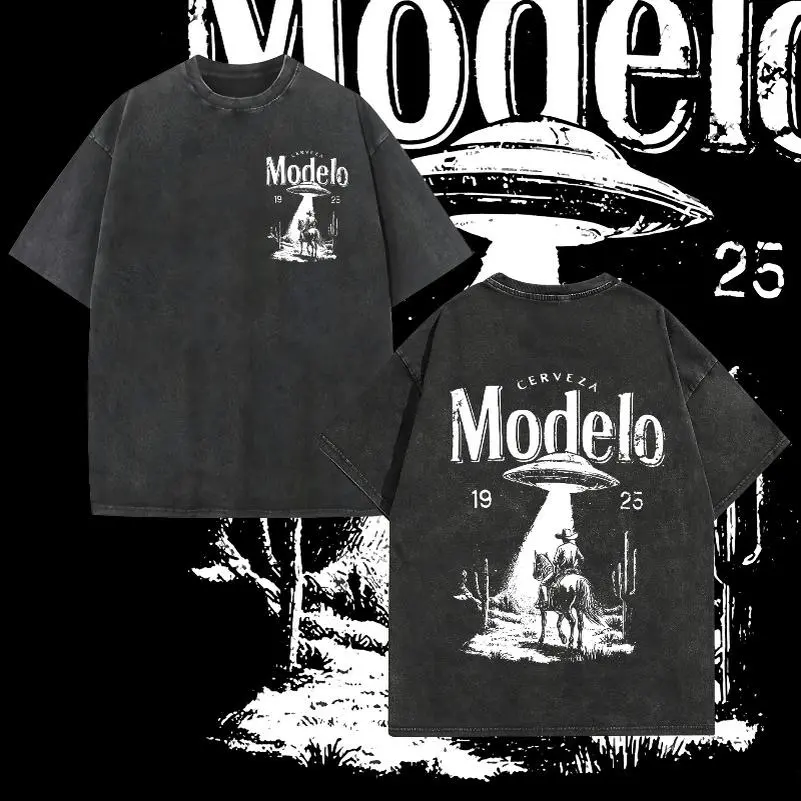 Men's Vintage Washed Distressed Cement Gray Cotton Crew Neck Short-Sleeve Casual Loose-Fit Graphic T-Shirt - Unisex Western & UFO Letter Print, Everyday Daily Commute Top, Menswear, Round Neck, Whimsical Art