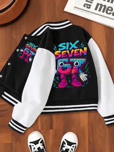 Cool Six Seven Robot Cartoon Print Jacket, Fashion Fit Jacket, Boys' Spring & Fall Short Baseball Coat, Casual School Uniform, Comfortable Sports Outerwear