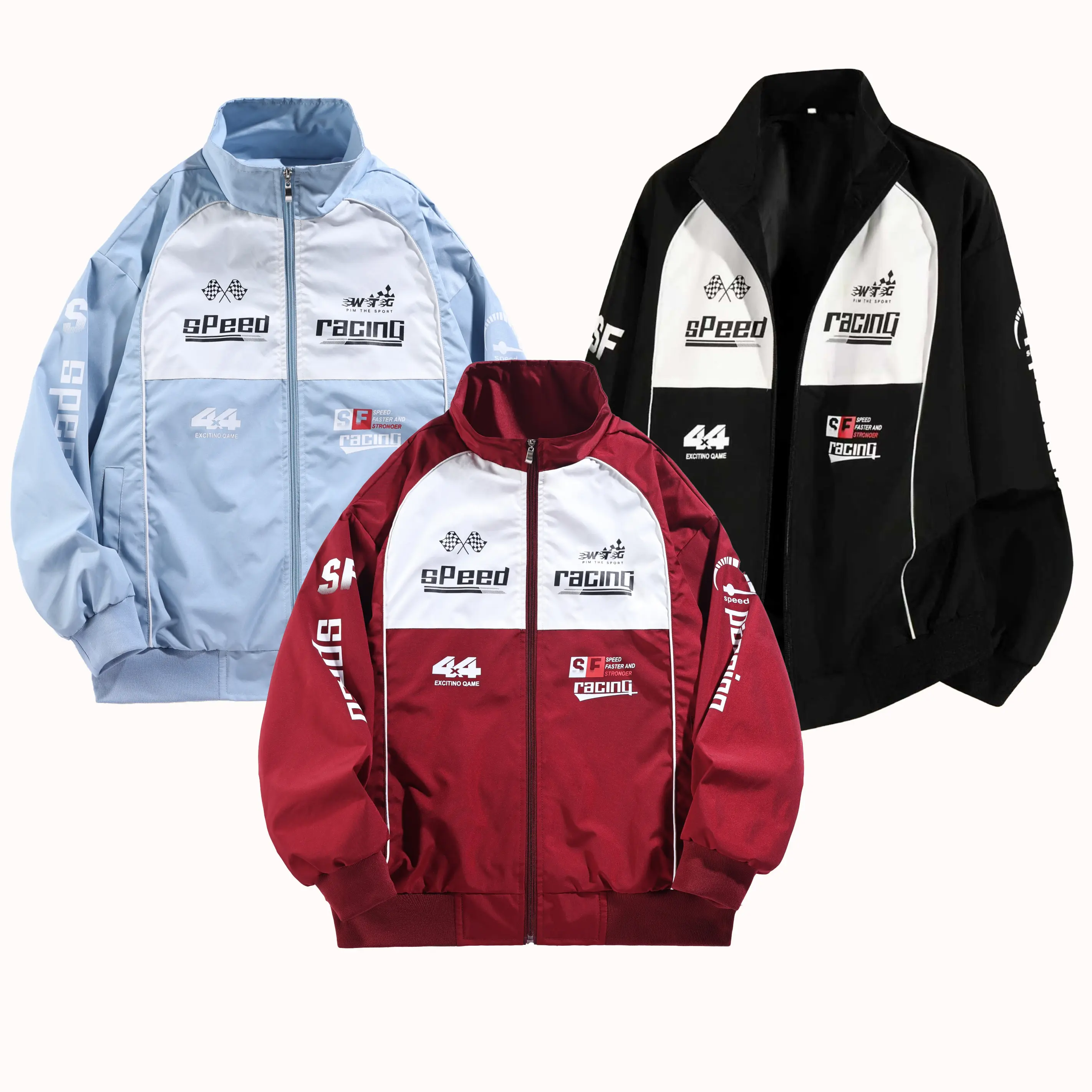 Men's Racing Jacket Motorcycle Speed Print Zip Up Casual Streetwear Coat Red White Color Block Stand Collar Daily Wear