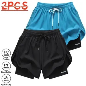 Women’s two-piece double-layer faux two-piece athletic shorts, suitable for fitness and running. The double-layer faux two-piece design creates layered visual effect. Elastic drawstring waistband allows free adjustment for a snug fit. Curved irregular hem