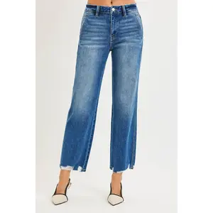 RISEN High Rise Ankle Straight Distressed Hem Detail Jeans