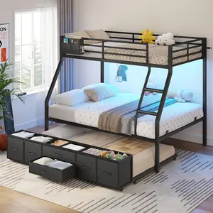 Sikaic Twin Over Full Bunk Bed with Trundle, Metal Bunk Beds with 6 Storage Drawers, LED Lights, Ladder and Full-Length Guardrails, Space-Saving Bed Frame for Kids, Teens and Guests, Black