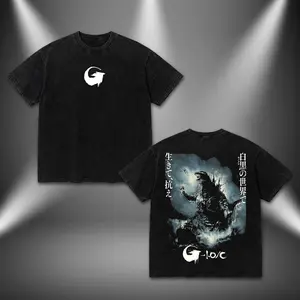 Vintage Acid Wash Godzilla Minus One/Minus Color Graphic T-Shirt | Retro Kaiju Monochrome Japanese Bootleg Tee | G-1.0/C Logo Front & Large Movie Scene Back Print | Oversized Heavyweight Streetwear Men Women Y2K