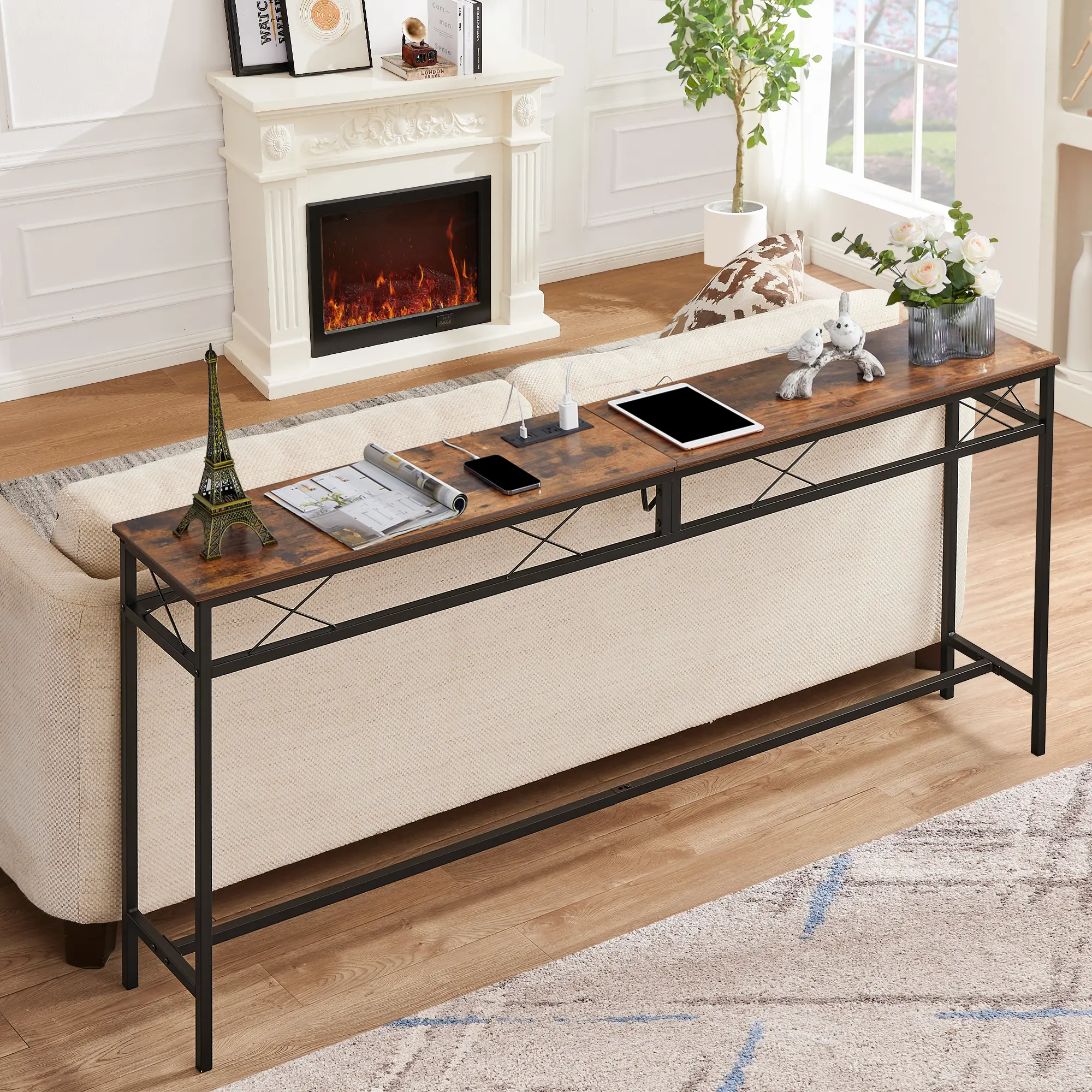 VECELO 39/55/70" Console Table with Outlet Long Entryway Table with USB Power Station Metal Frame Entrance Table Narrow Sofa Table for Living Room,Hallway Rustic Brown