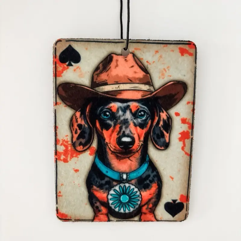 Unscented Car Air Freshener - Dachshund Design with Hat and Blue Collar