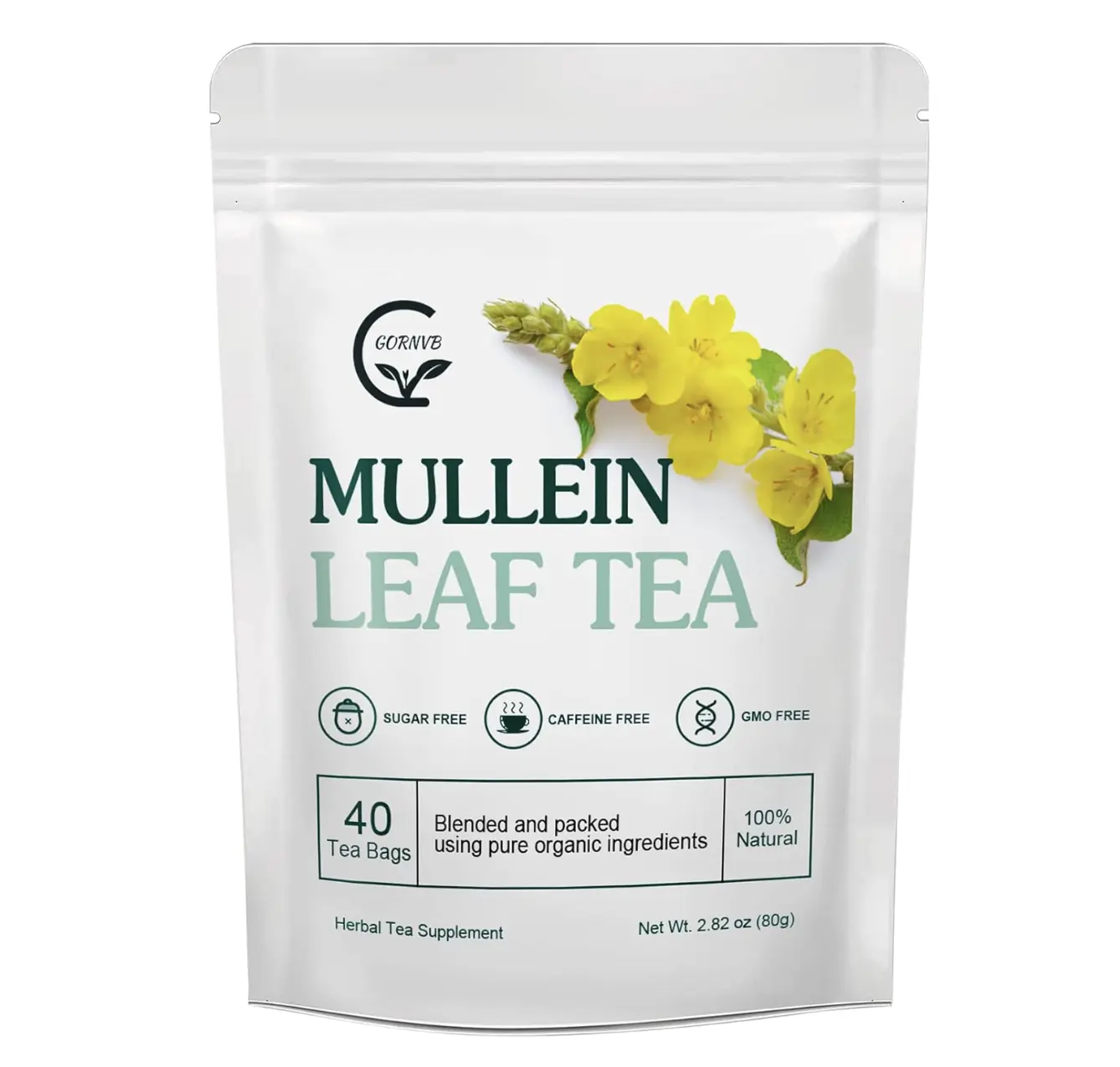 Mullein Leaf Tea Bags - Lungs Cleanse and Respiratory Support, Herbal Teas, Caffeine Free, 40 Tea Bags , flower tea Caffeine-Free